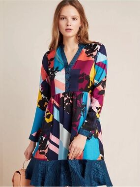 Maeve Multicolor Geometric & Floral Long Sleeve Tunic Dress